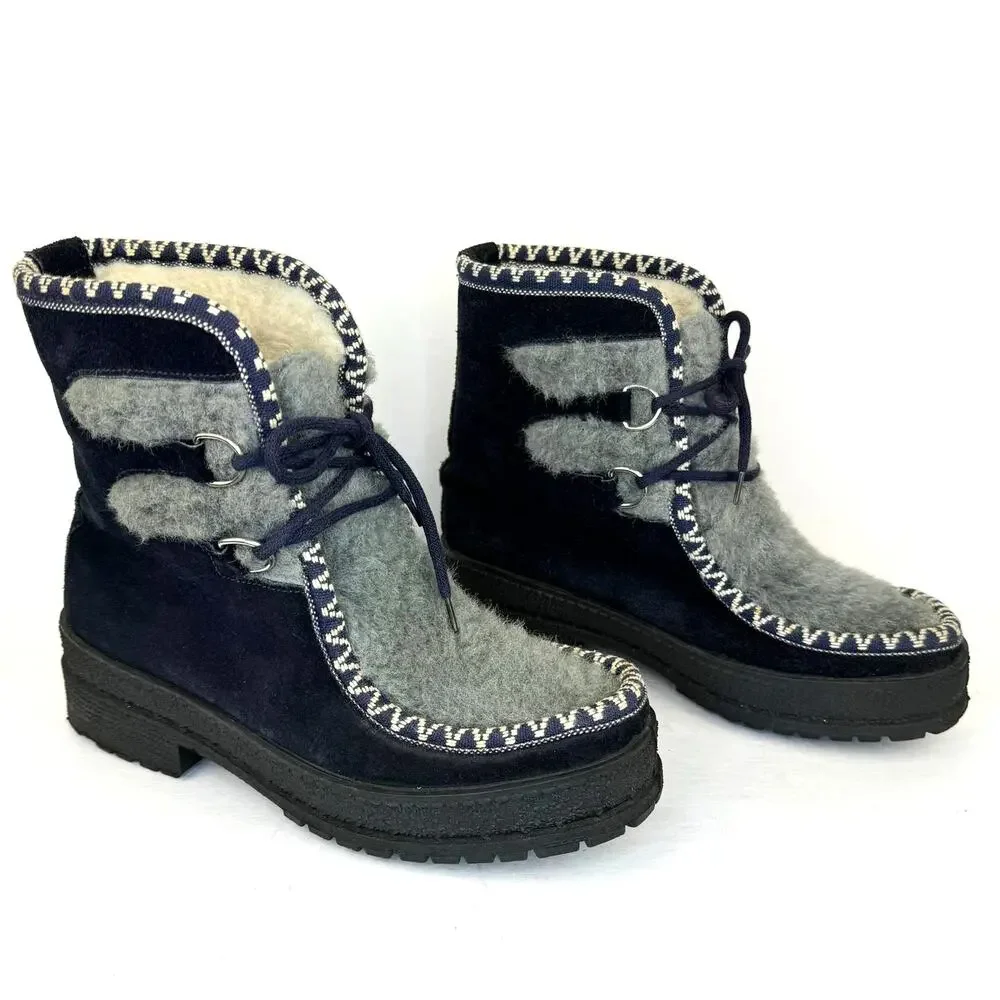Blue & Gray Fur Lined & Detailed Suede Lace Up Ankle Snow Boots | Women's‎ 6